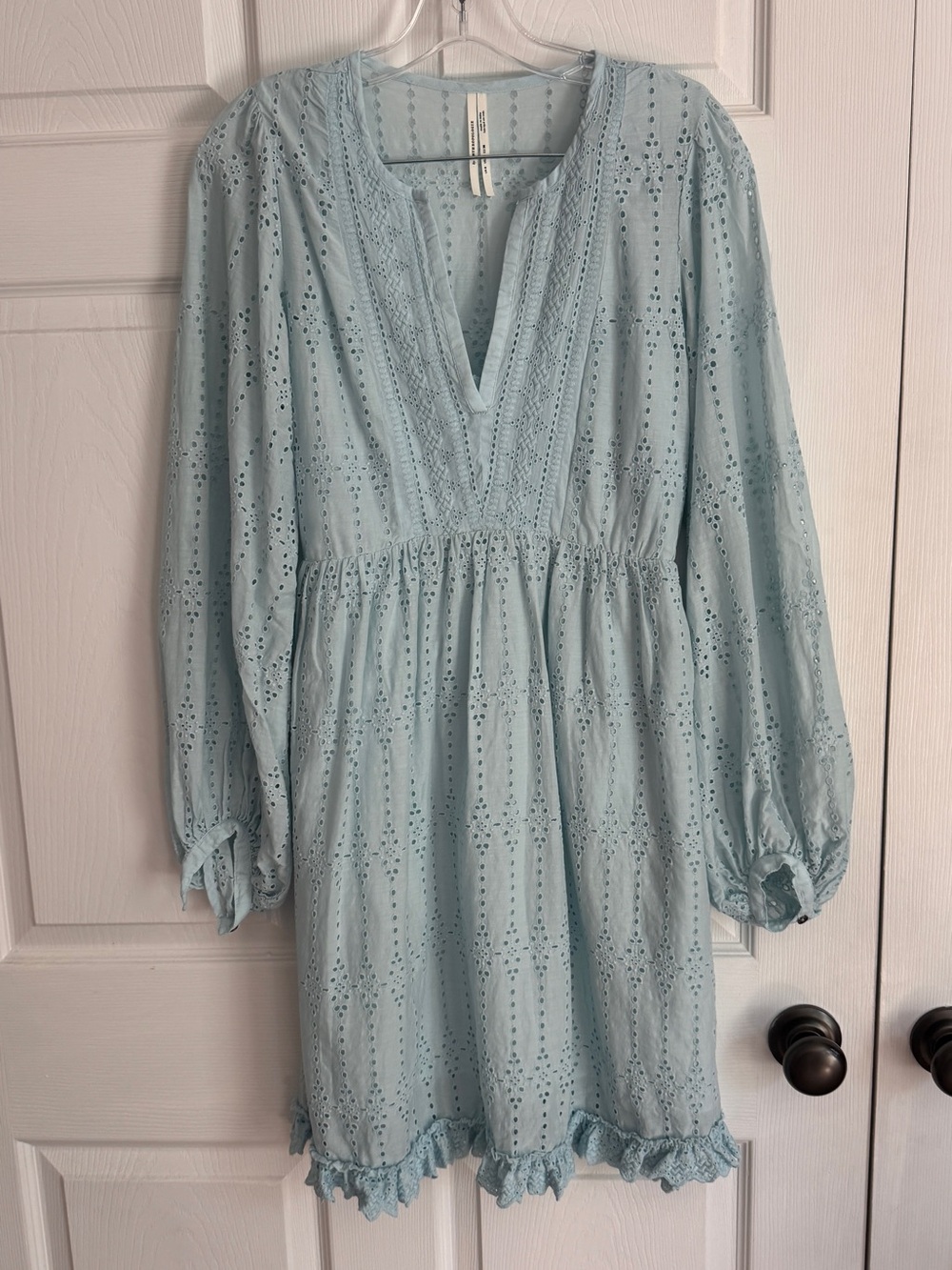 Light Blue Eyelet V-Neck Long Sleeve Women’s Dress